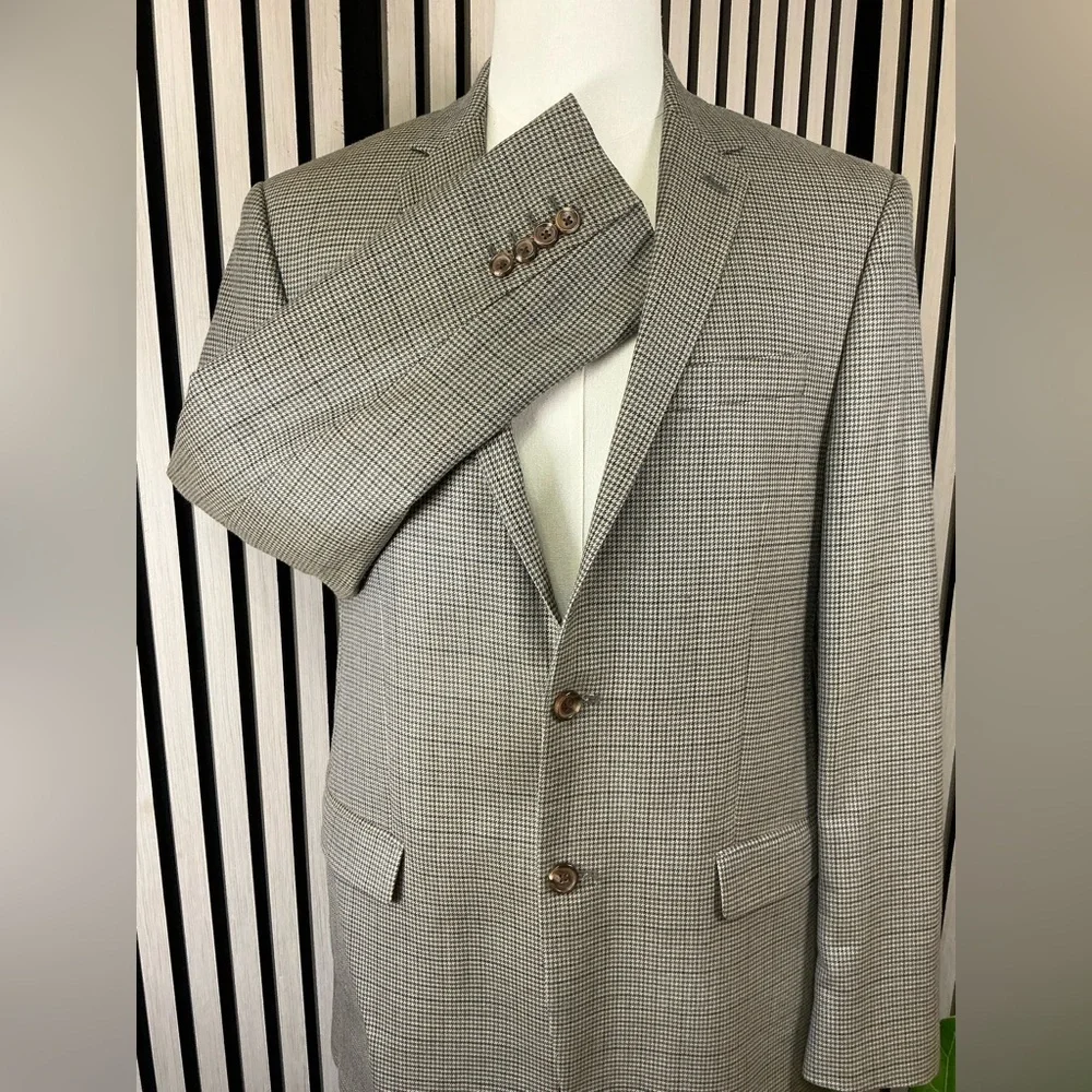 Ralph Lauren Mens 42L Tan/Blue/Gray Houndstooth Wool Silk Sport Coat Blazer